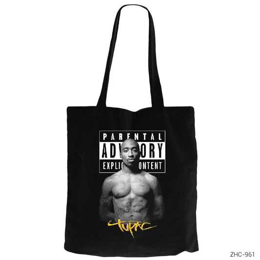 Tupac Parental Advisory Siyah Fermuarlı Bez Çanta Gabardin