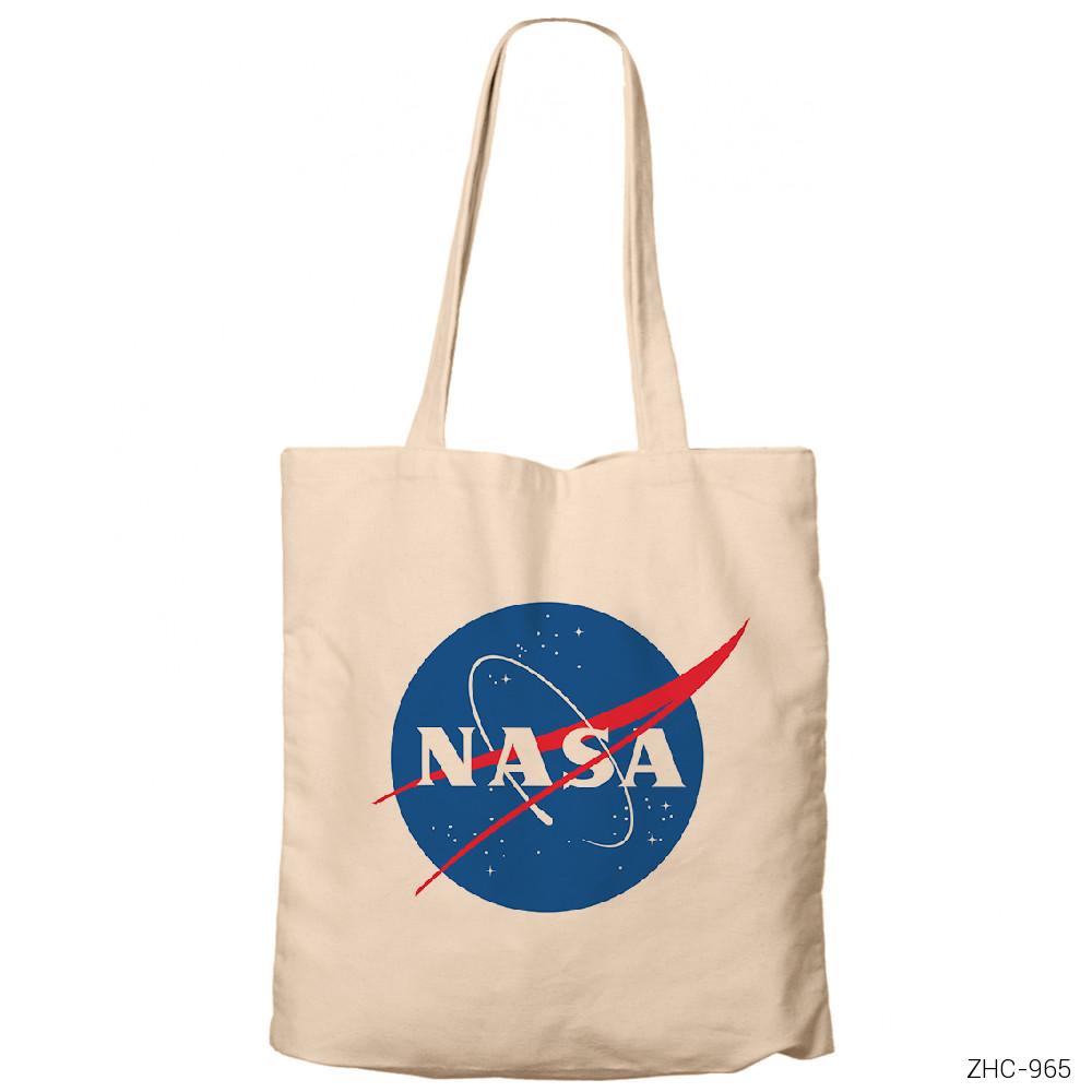 Nasa Logo Krem Fermuarlı Bez Çanta Gabardin