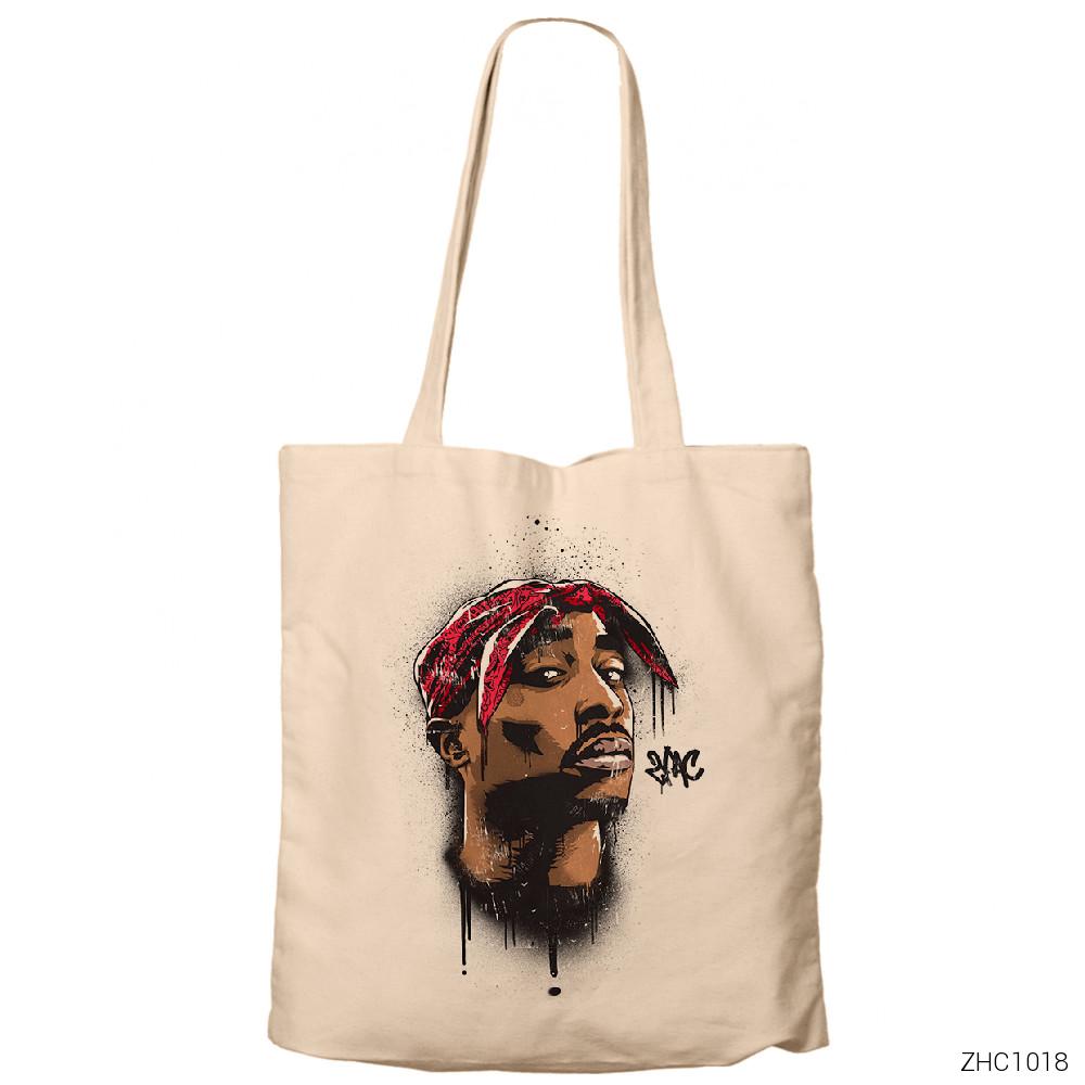 Tupac Shakur Cartoon Artwork Krem Kanvas Bez Çanta