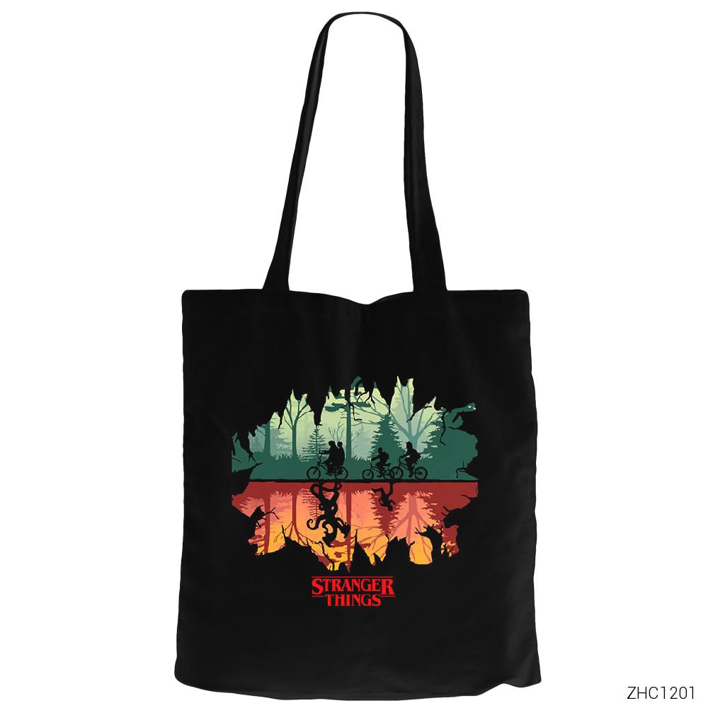 Stranger Things on Forest Siyah Fermuarlı Bez Çanta Gabardin