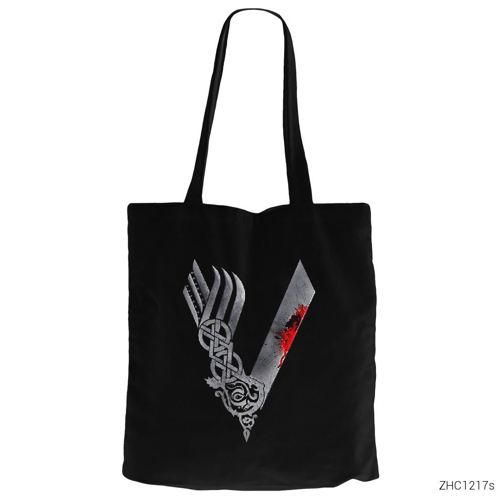 Vikings Blood Logo Siyah Fermuarlı Bez Çanta Gabardin
