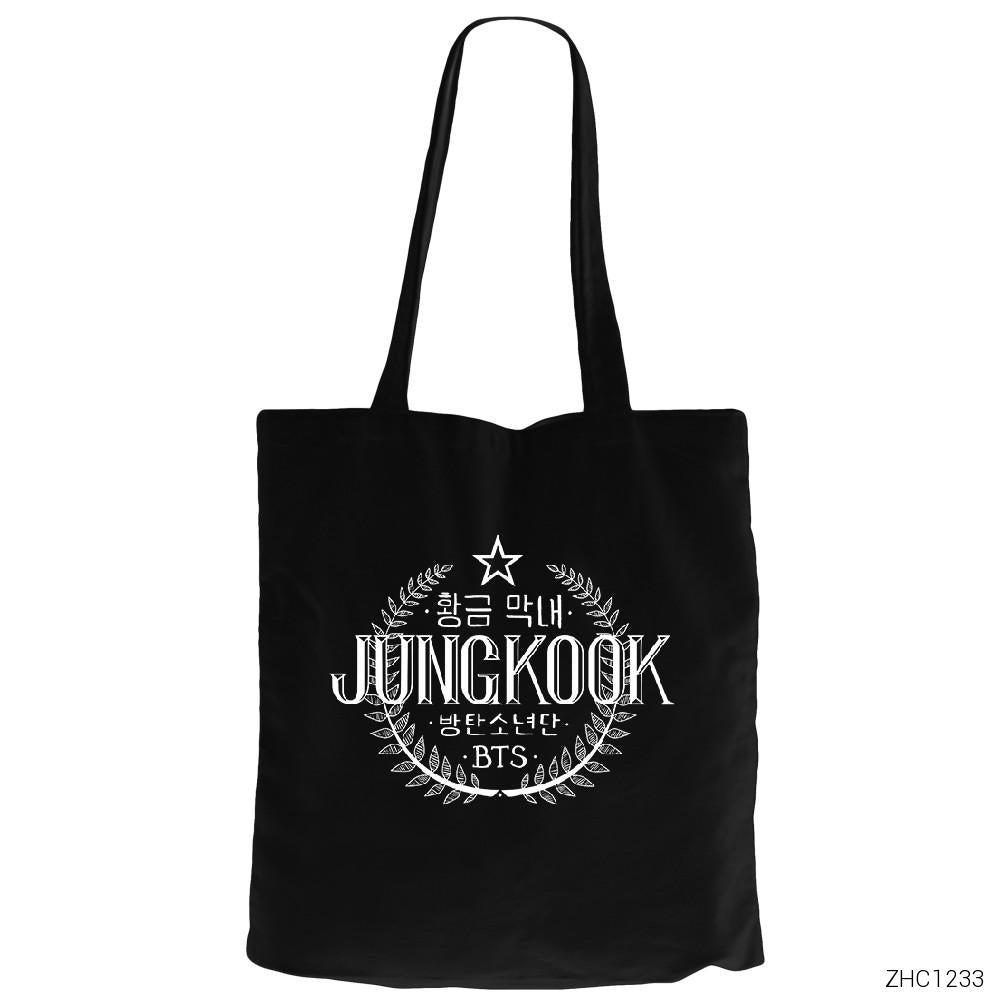BTS Jungkook Logo Siyah Fermuarlı Bez Çanta Gabardin