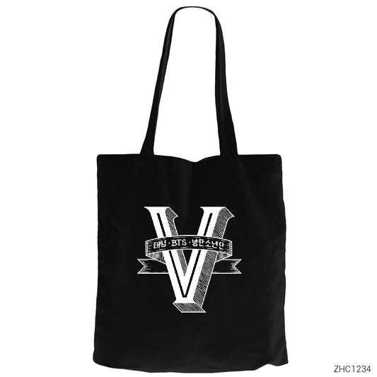 BTS V Retro Logo Siyah Fermuarlı Bez Çanta Gabardin