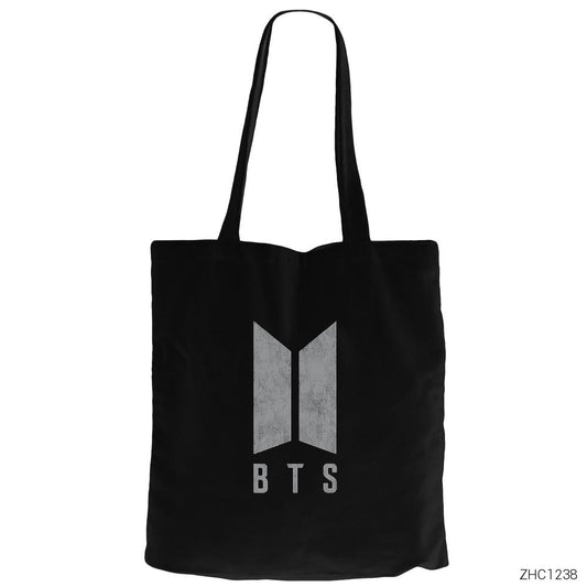 BTS Distort Logo Siyah Fermuarlı Bez Çanta Gabardin