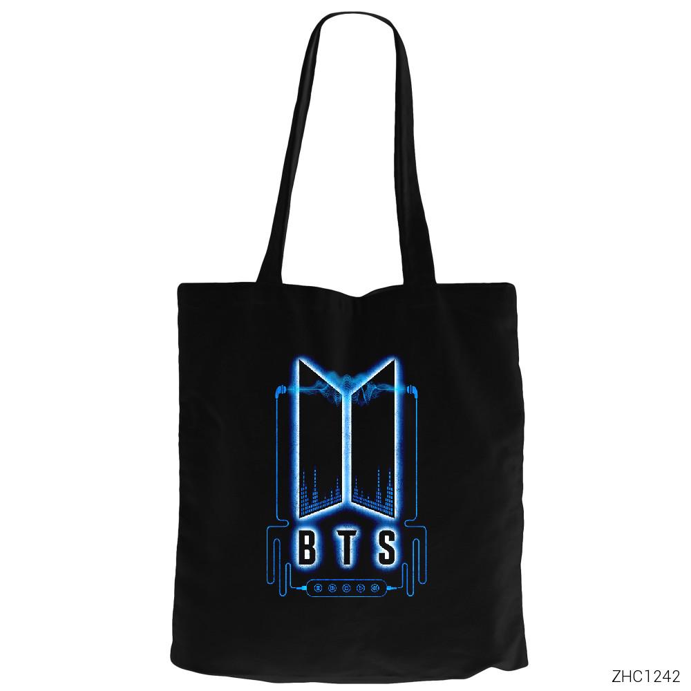 BTS Music Logo Siyah Fermuarlı Bez Çanta Gabardin