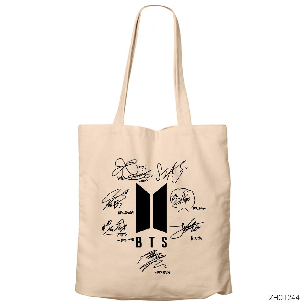 BTS Logo İmzalı Krem Fermuarlı Bez Çanta Gabardin