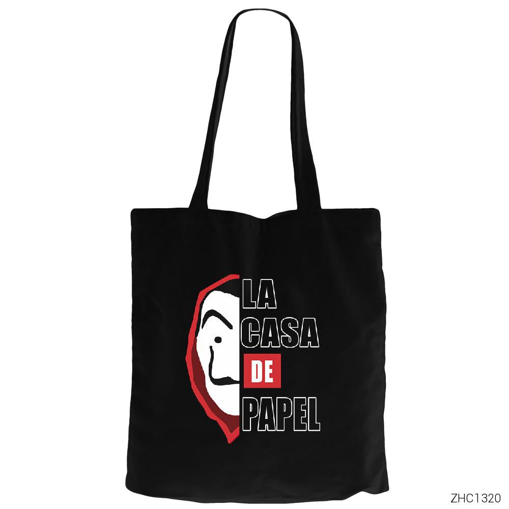 La Casa De Papel Half Face Siyah Fermuarlı Bez Çanta Gabardin