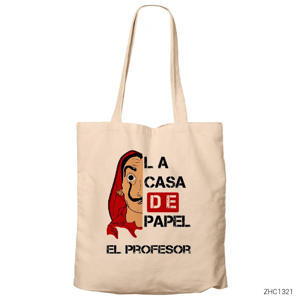 La Casa De Papel Half Face 2 Krem Fermuarlı Bez Çanta Gabardin