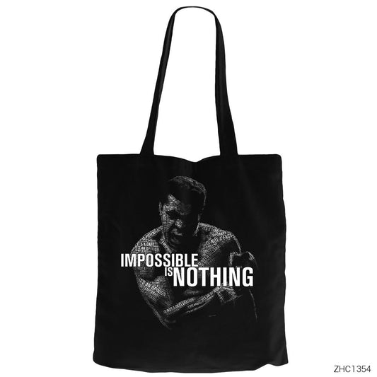 Muhammed Ali Impossible is Nothing Siyah Fermuarlı Bez Çanta Gabardin