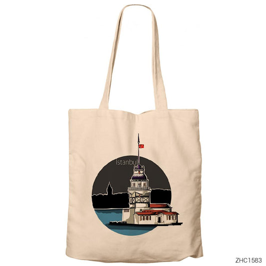 Kız Kulesi Krem Fermuarlı Bez Çanta Gabardin
