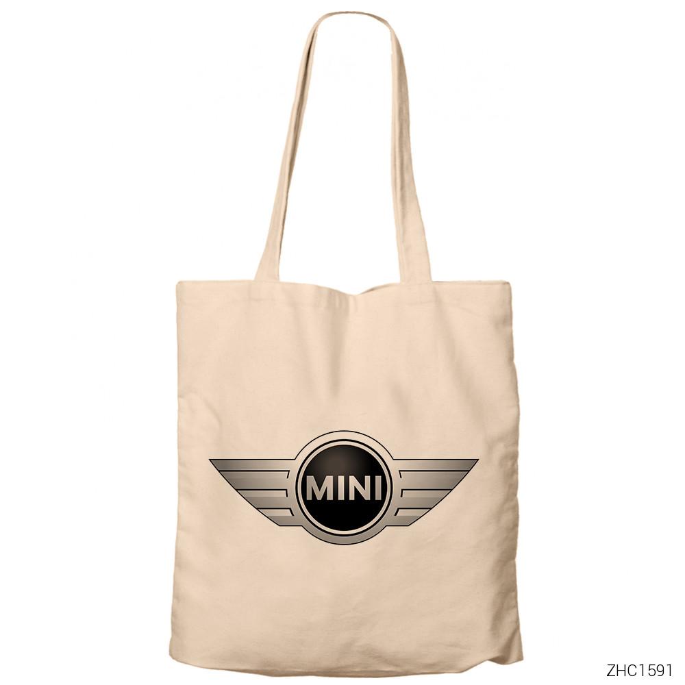 Mini Cooper Logo Krem Fermuarlı Bez Çanta Gabardin