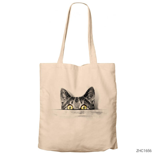 Kedi - Cat in Tee Krem Fermuarlı Bez Çanta Gabardin