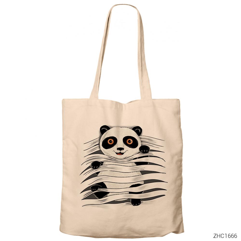 Panda in Tee Krem Fermuarlı Bez Çanta Gabardin