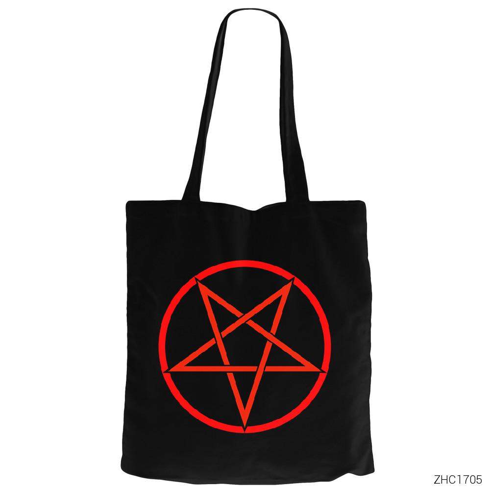 Pentagram Siyah Fermuarlı Bez Çanta Gabardin
