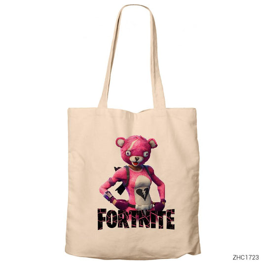 Fortnite Pink Bear Krem Fermuarlı Bez Çanta Gabardin