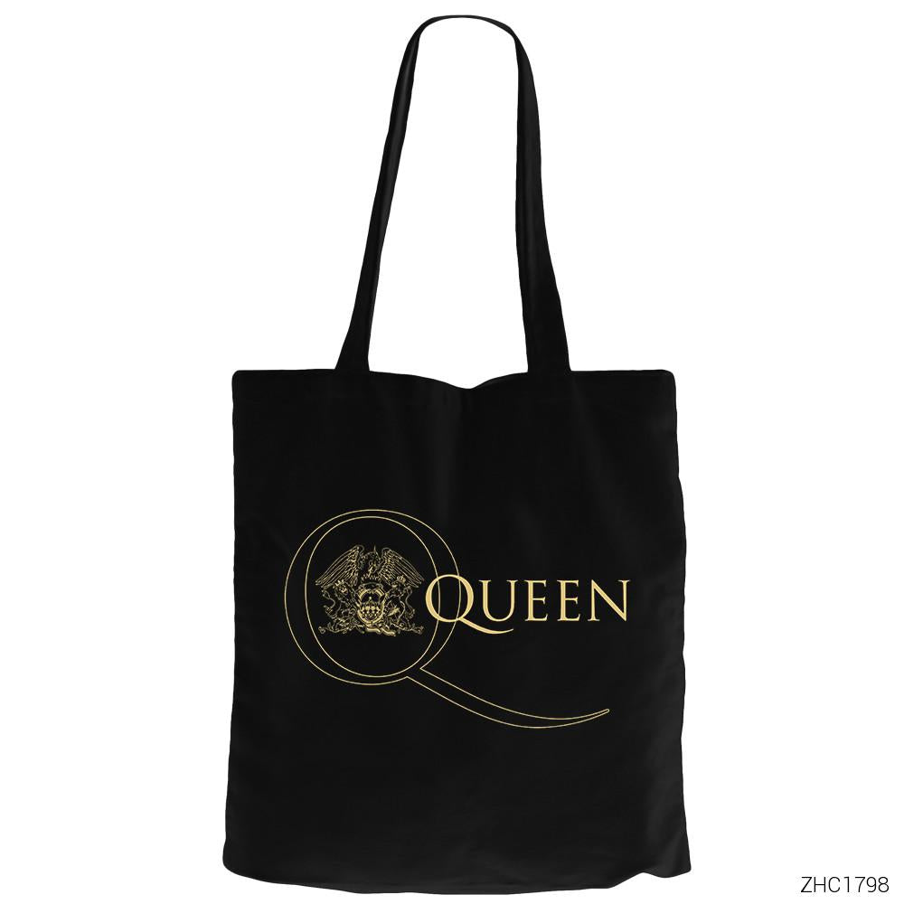 Queen Logo 2 Siyah Fermuarlı Bez Çanta Gabardin