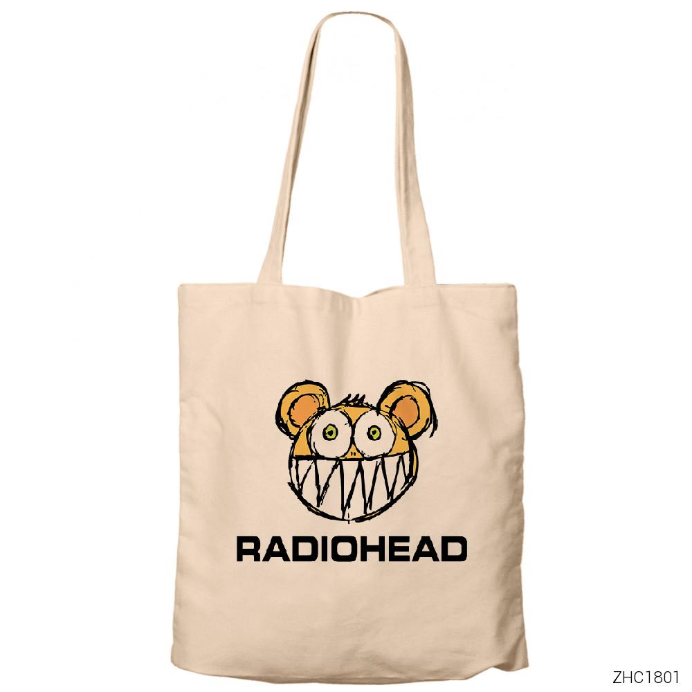 Radiohead Kid Bear Cartoon Krem Fermuarlı Bez Çanta Gabardin