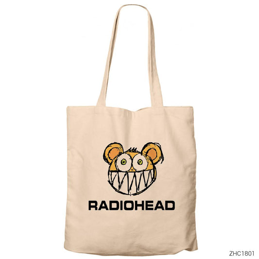 Radiohead Kid Bear Cartoon Krem Fermuarlı Bez Çanta Gabardin
