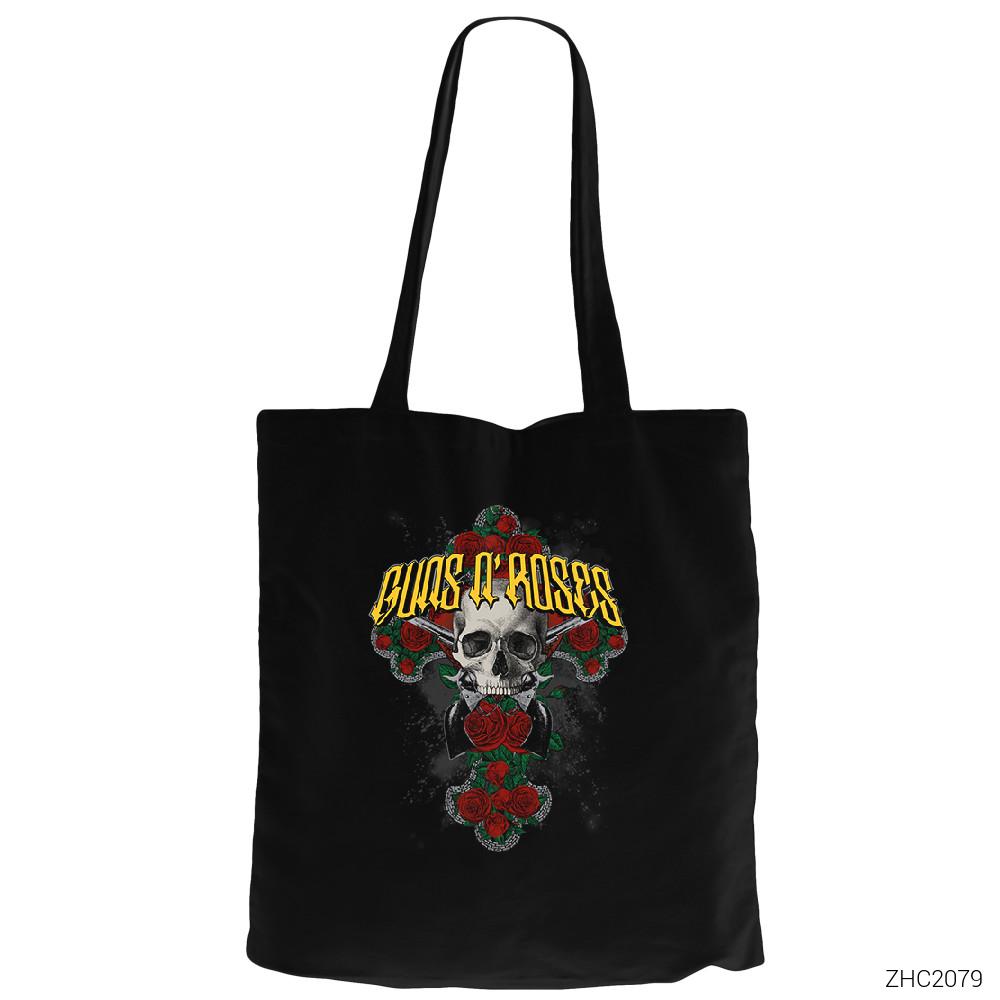Guns N Roses Skull Siyah Fermuarlı Bez Çanta Gabardin