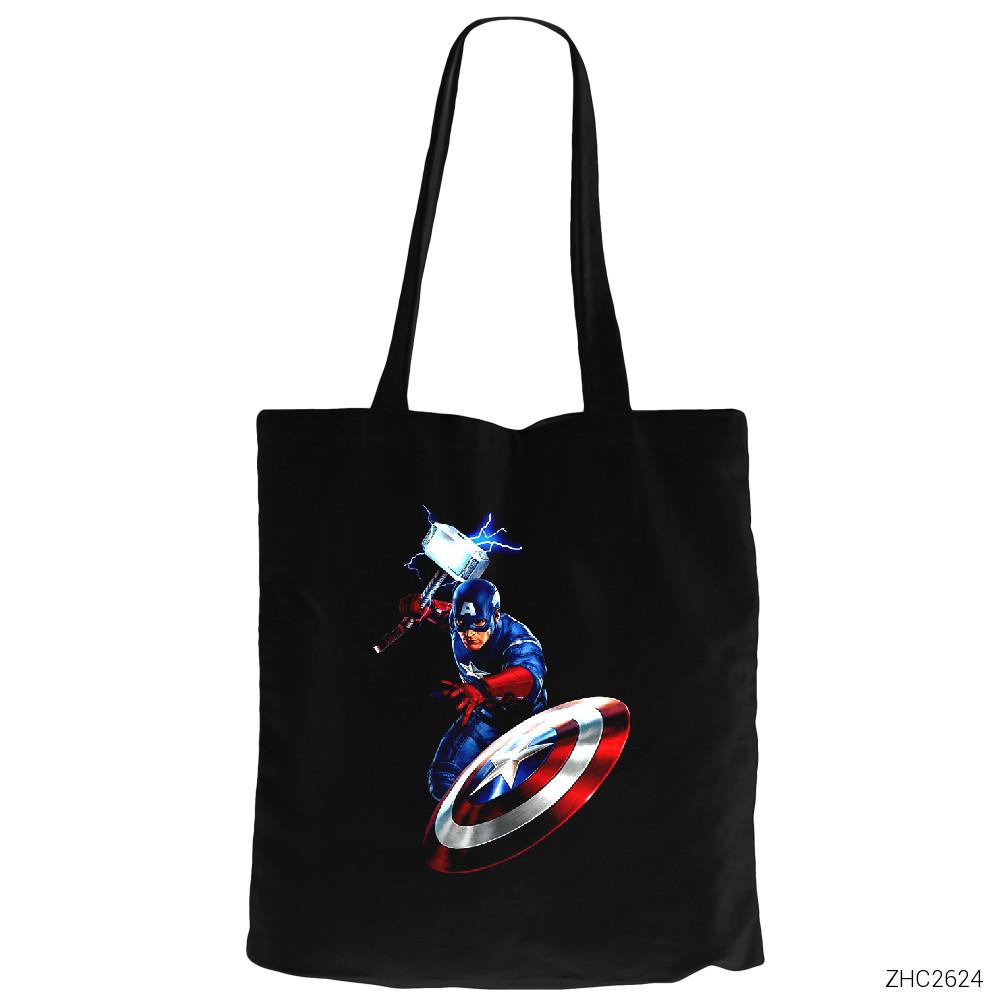 Captain America Mjolnir and Shield Siyah Fermuarlı Bez Çanta Gabardin
