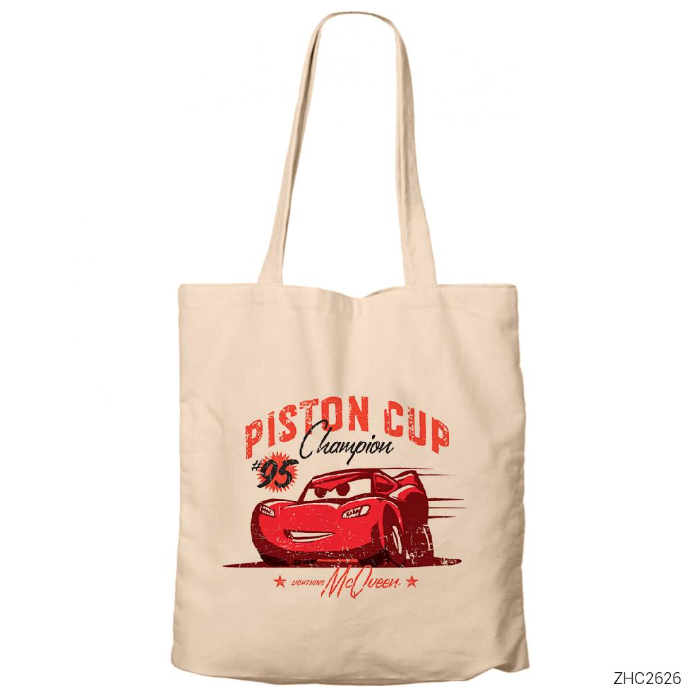 Cars Piston Cup Krem Fermuarlı Bez Çanta Gabardin