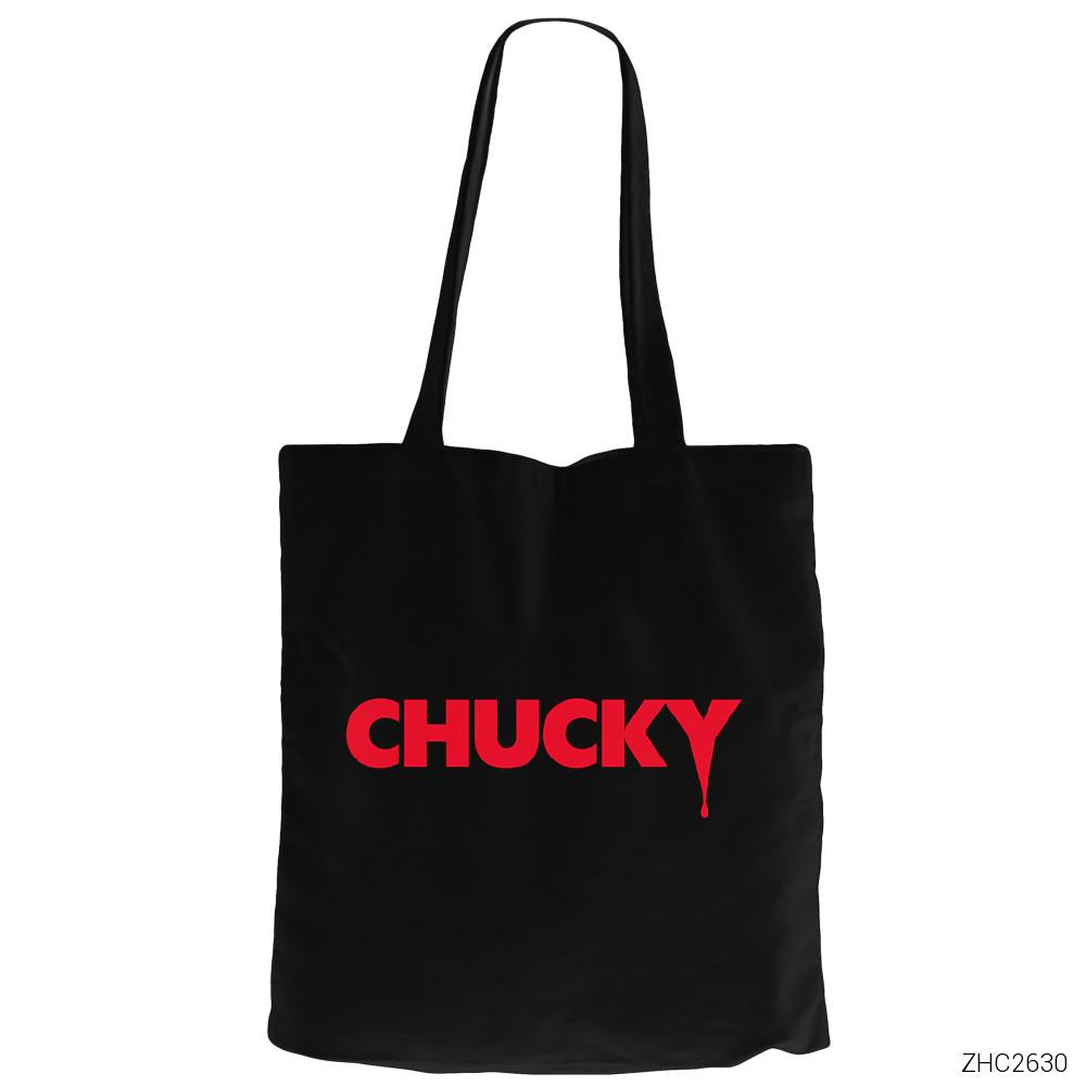 Chucky Logo Siyah Fermuarlı Bez Çanta Gabardin