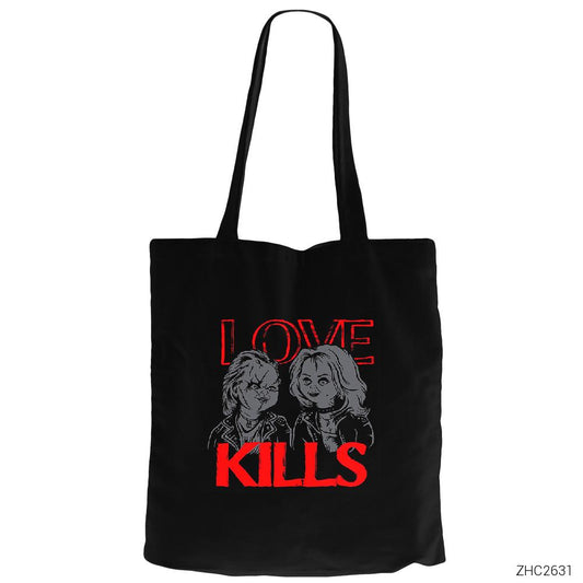 Chucky Love Kills Siyah Fermuarlı Bez Çanta Gabardin