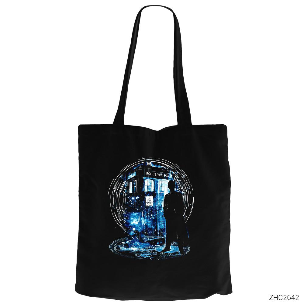 Dr. Who Box Siyah Fermuarlı Bez Çanta Gabardin