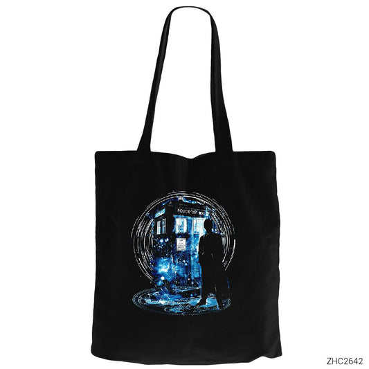 Dr. Who Box Siyah Fermuarlı Bez Çanta Gabardin