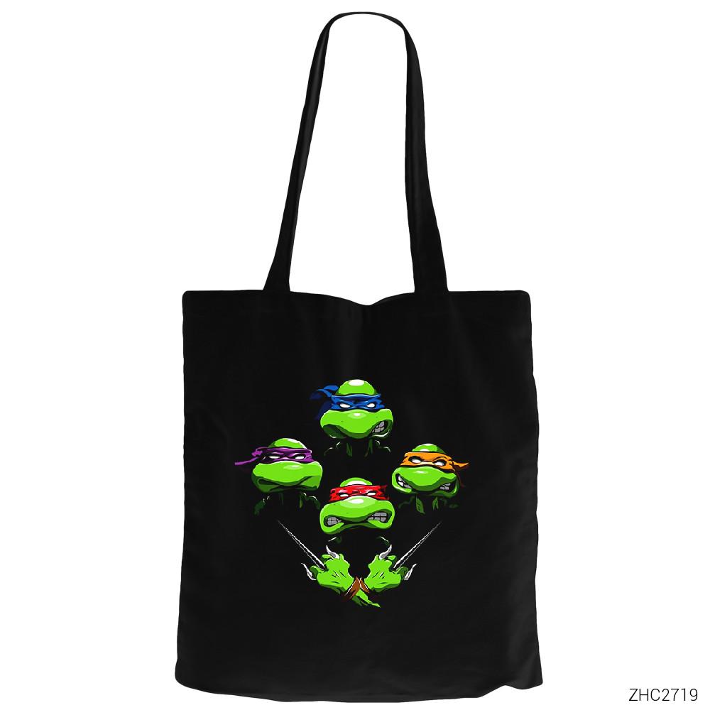 Ninja Turtles Face Siyah Fermuarlı Bez Çanta Gabardin
