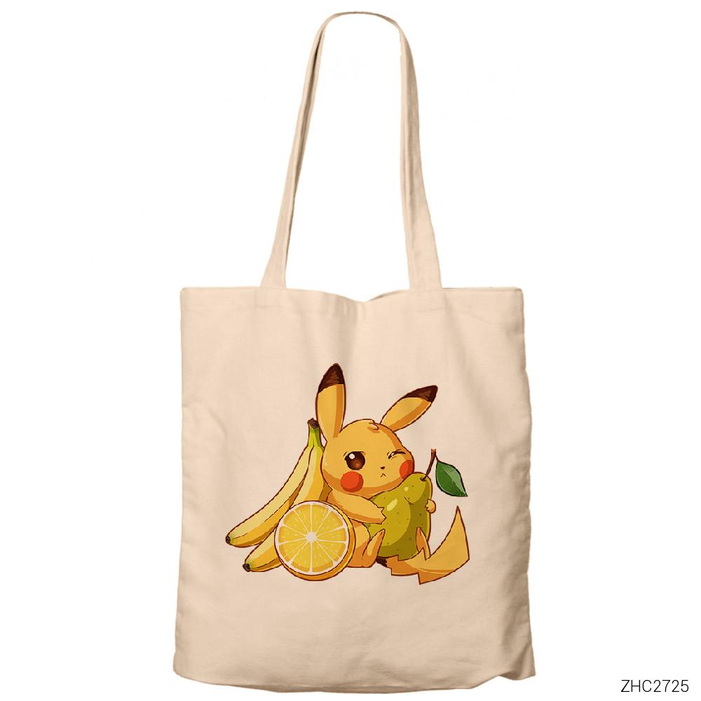 Pikachu Fruit Krem Fermuarlı Bez Çanta Gabardin