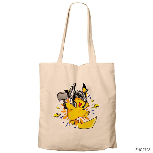Pikachu Thor Krem Fermuarlı Bez Çanta Gabardin