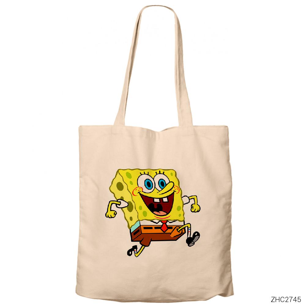Spongebob Happy Krem Fermuarlı Bez Çanta Gabardin