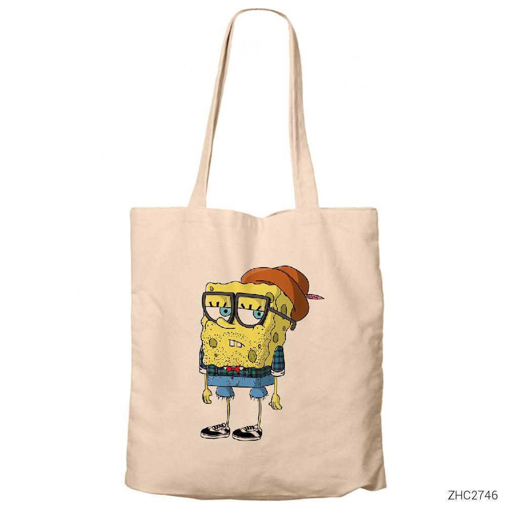 Spongebob Hipster Krem Fermuarlı Bez Çanta Gabardin