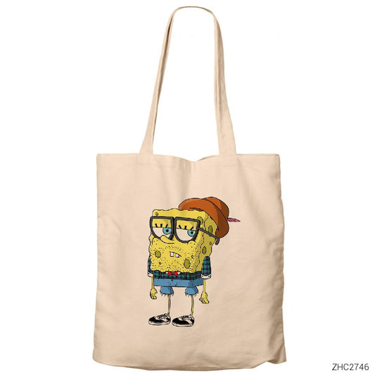 Spongebob Hipster Krem Fermuarlı Bez Çanta Gabardin