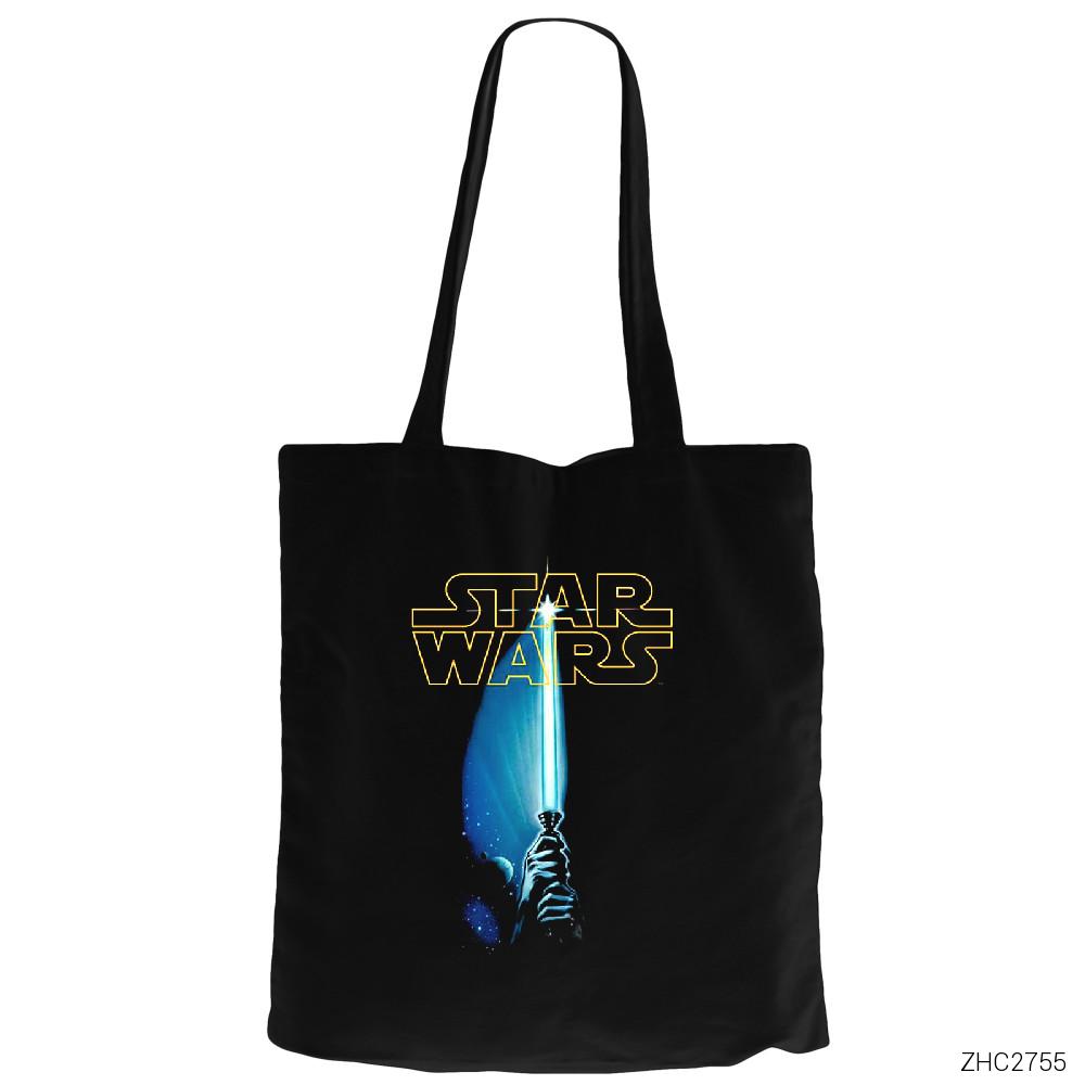 Star Wars Sword and Logo Siyah Fermuarlı Bez Çanta Gabardin
