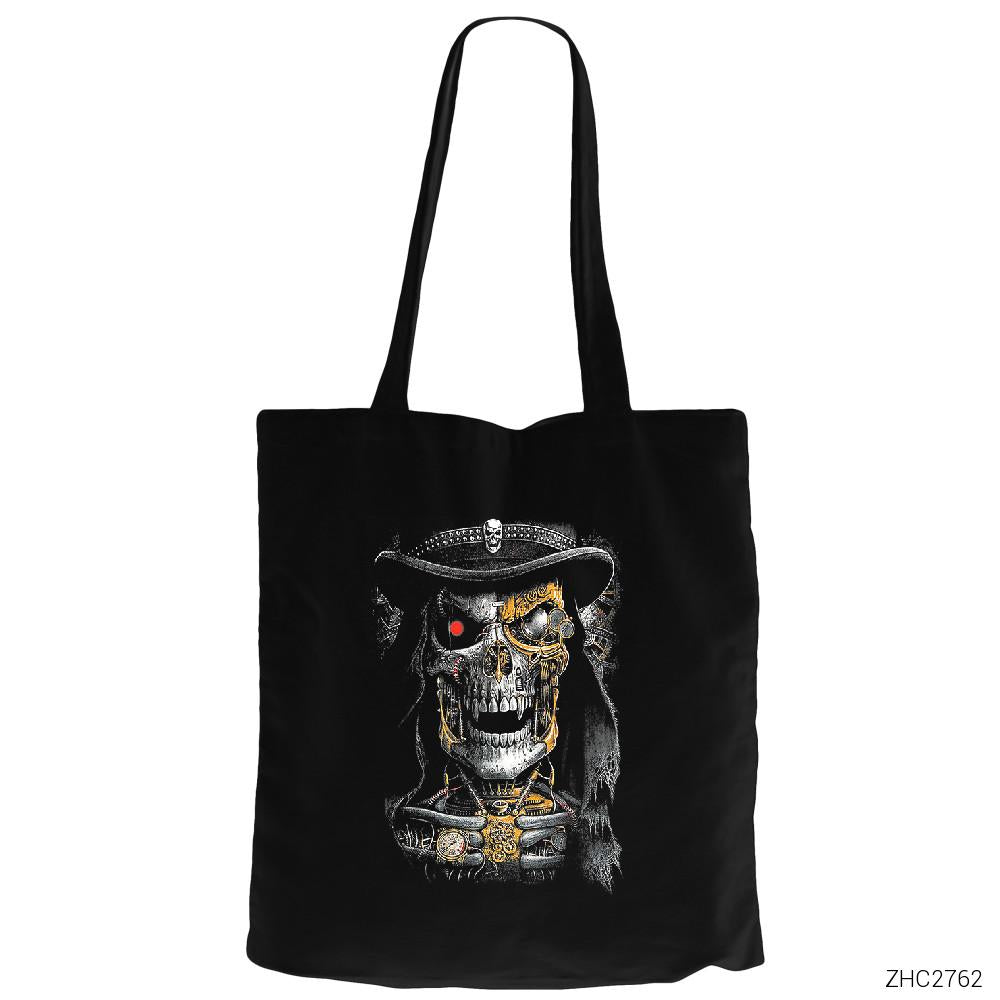 Terminator Skull Siyah Fermuarlı Bez Çanta Gabardin
