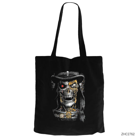 Terminator Skull Siyah Fermuarlı Bez Çanta Gabardin