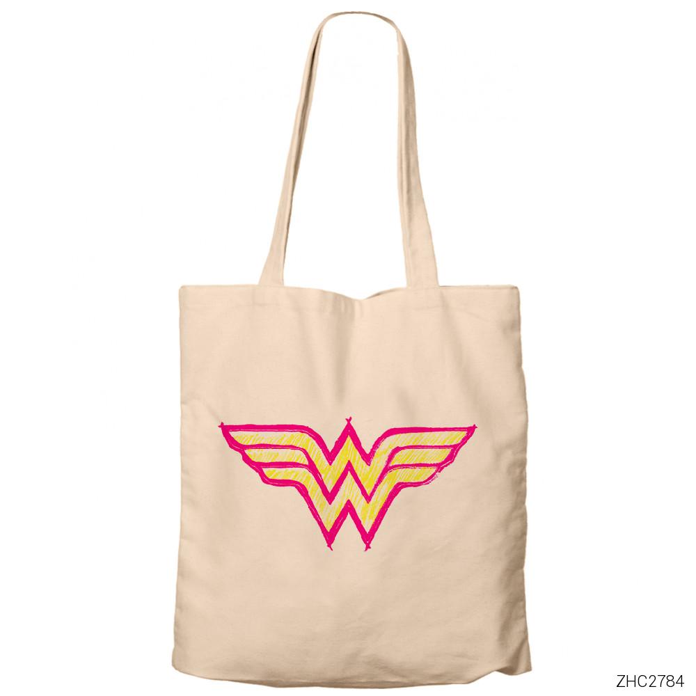 Wonder Woman Logo Krem Fermuarlı Bez Çanta Gabardin