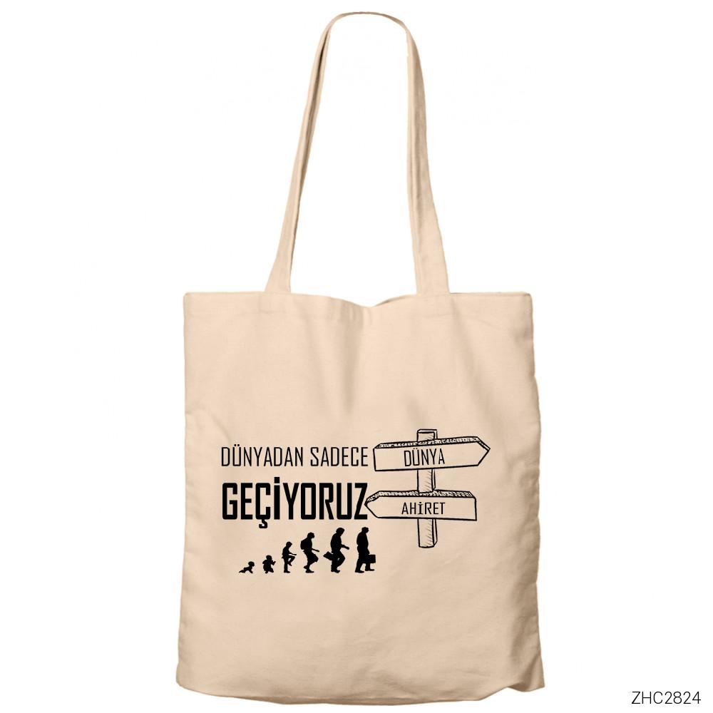 Dünya Ahiret Krem Fermuarlı Bez Çanta Gabardin