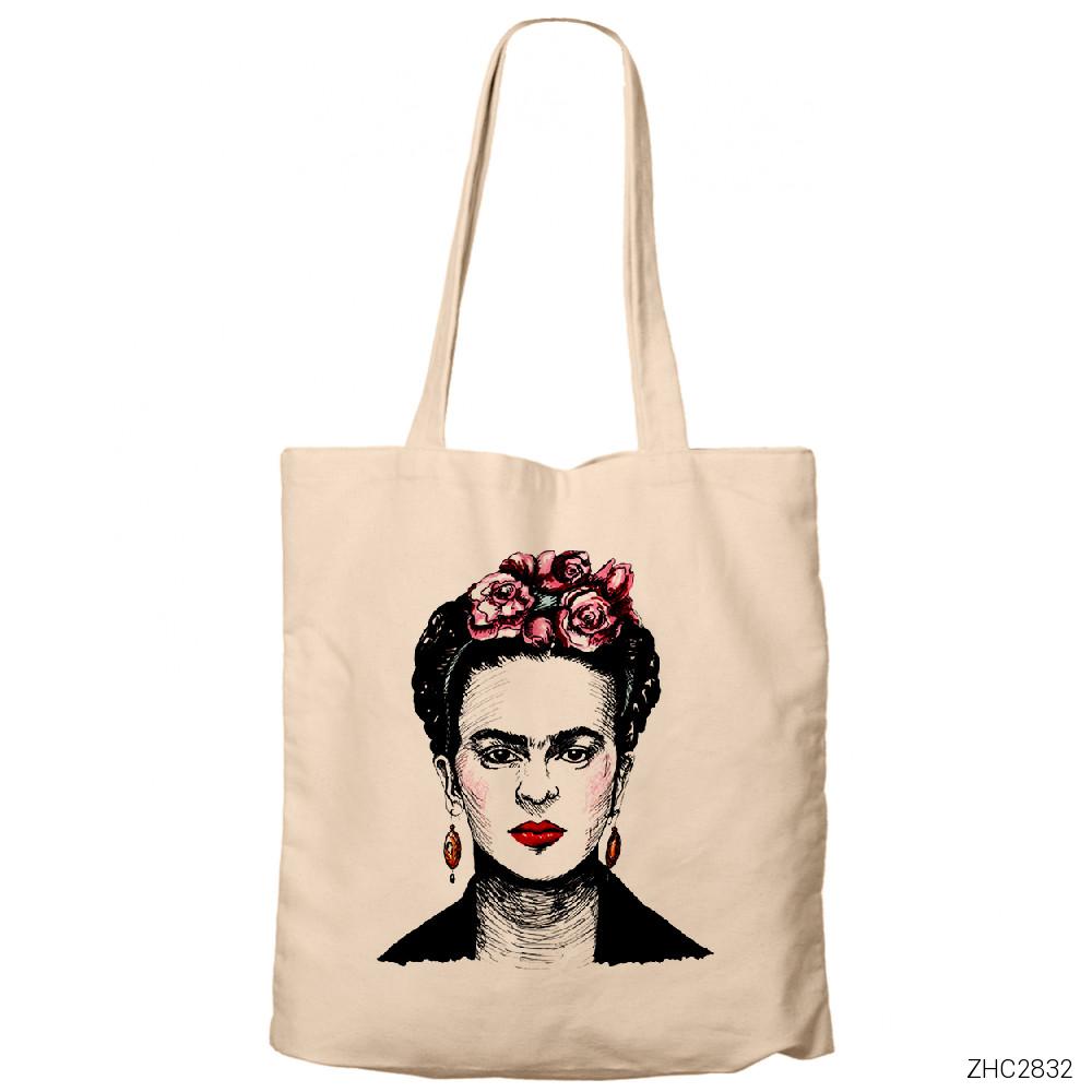 Frida Kahlo Portre - 5 Krem Fermuarlı Bez Çanta Gabardin