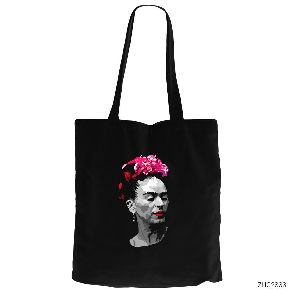 Frida Kahlo Portre - 6 Siyah Fermuarlı Bez Çanta Gabardin
