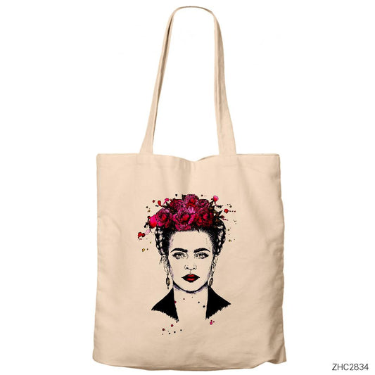 Frida Kahlo Portre - 7 Krem Fermuarlı Bez Çanta Gabardin
