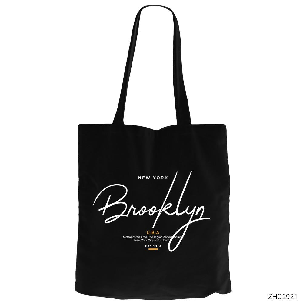 NewYork Brooklyn U.S.A Siyah Fermuarlı Bez Çanta Gabardin
