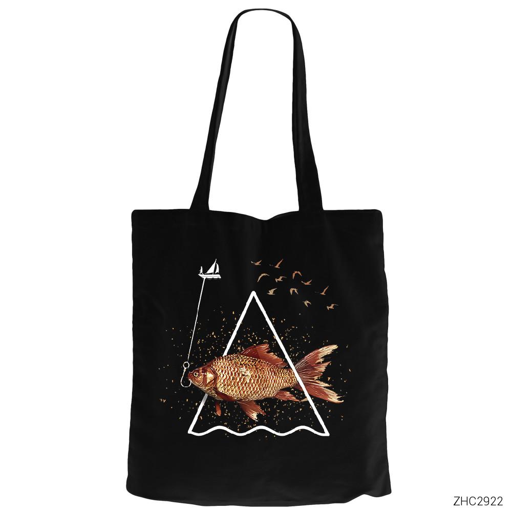 Balık Siyah Fermuarlı Bez Çanta Gabardin