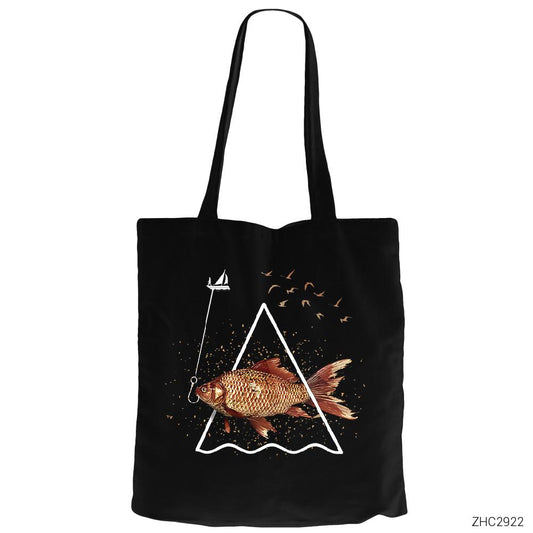 Balık Siyah Fermuarlı Bez Çanta Gabardin