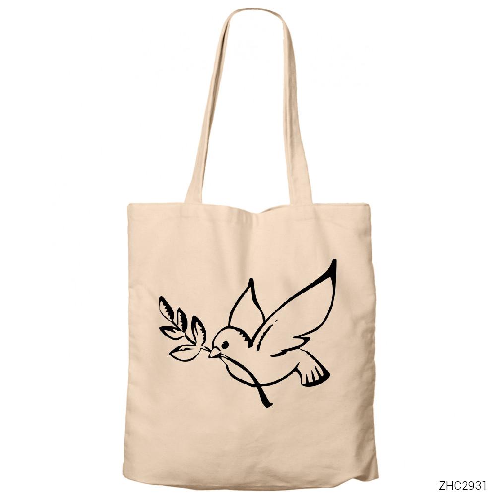 Güvercin Zeytin Dalı Krem Fermuarlı Bez Çanta Gabardin