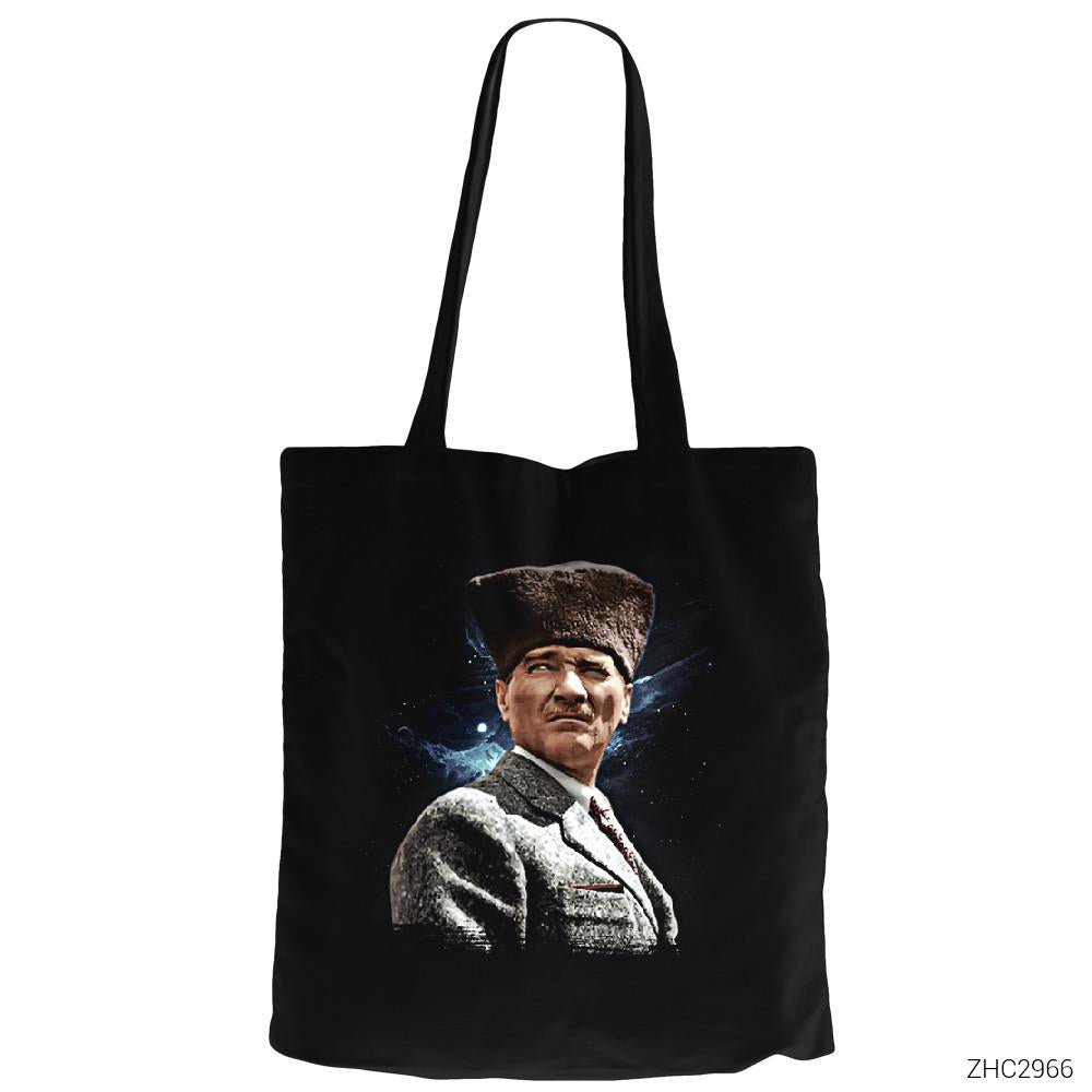 Atatürk Baş Komutan Siyah Fermuarlı Bez Çanta Gabardin