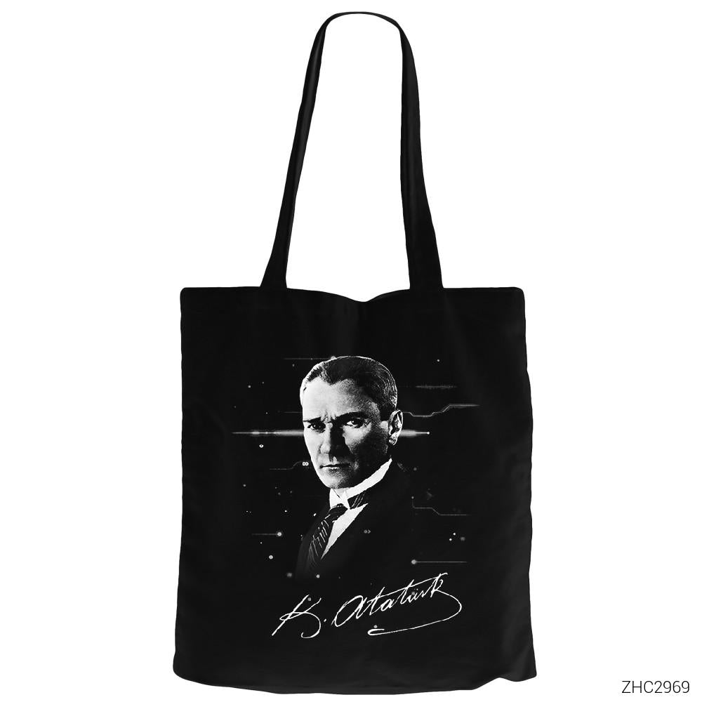Atatürk Poster Siyah Fermuarlı Bez Çanta Gabardin