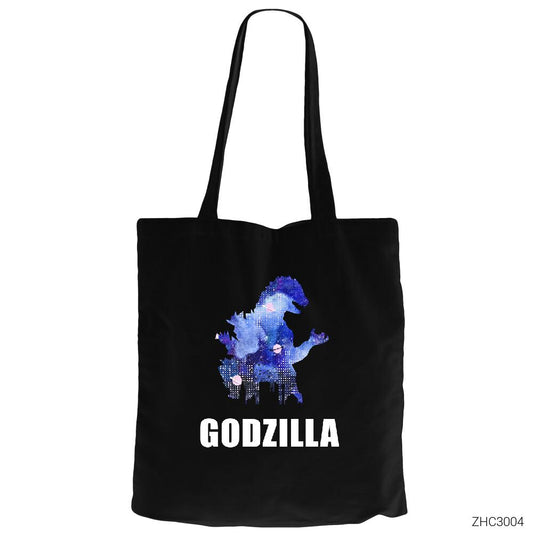 Godzilla in City Siyah Fermuarlı Bez Çanta Gabardin
